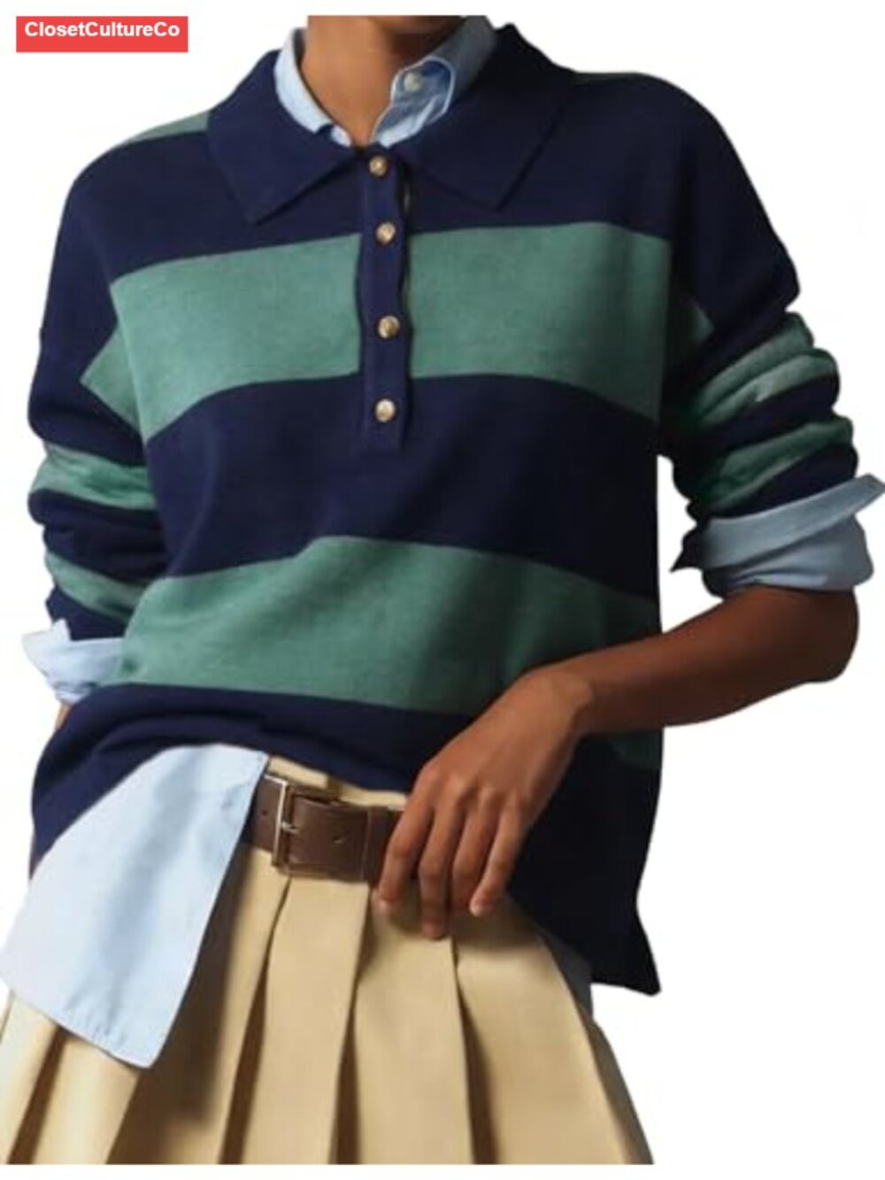 Polo Sweater Women Rugby Shirt Striped Collared Fine-Knit V-Neck Pullover